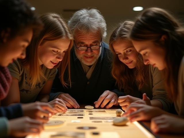 Professeur interagissant avec des étudiants ou un artefact historique